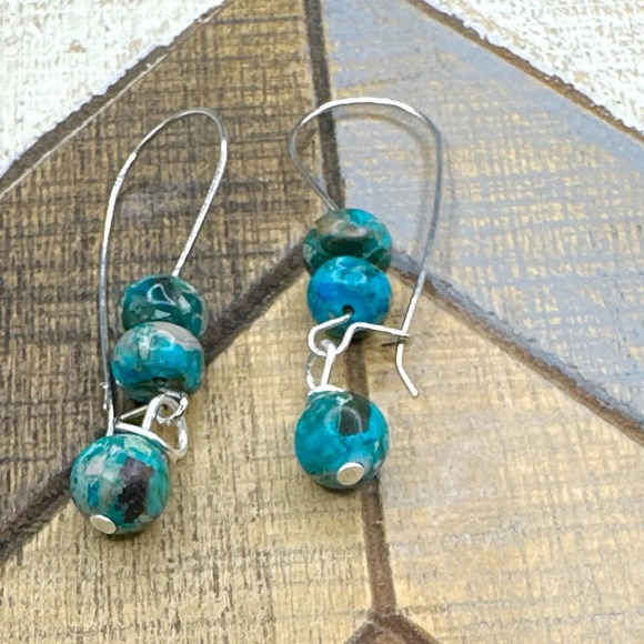 Ocean jasper bubbles silver dangle long earrings - Picture 1 of 1